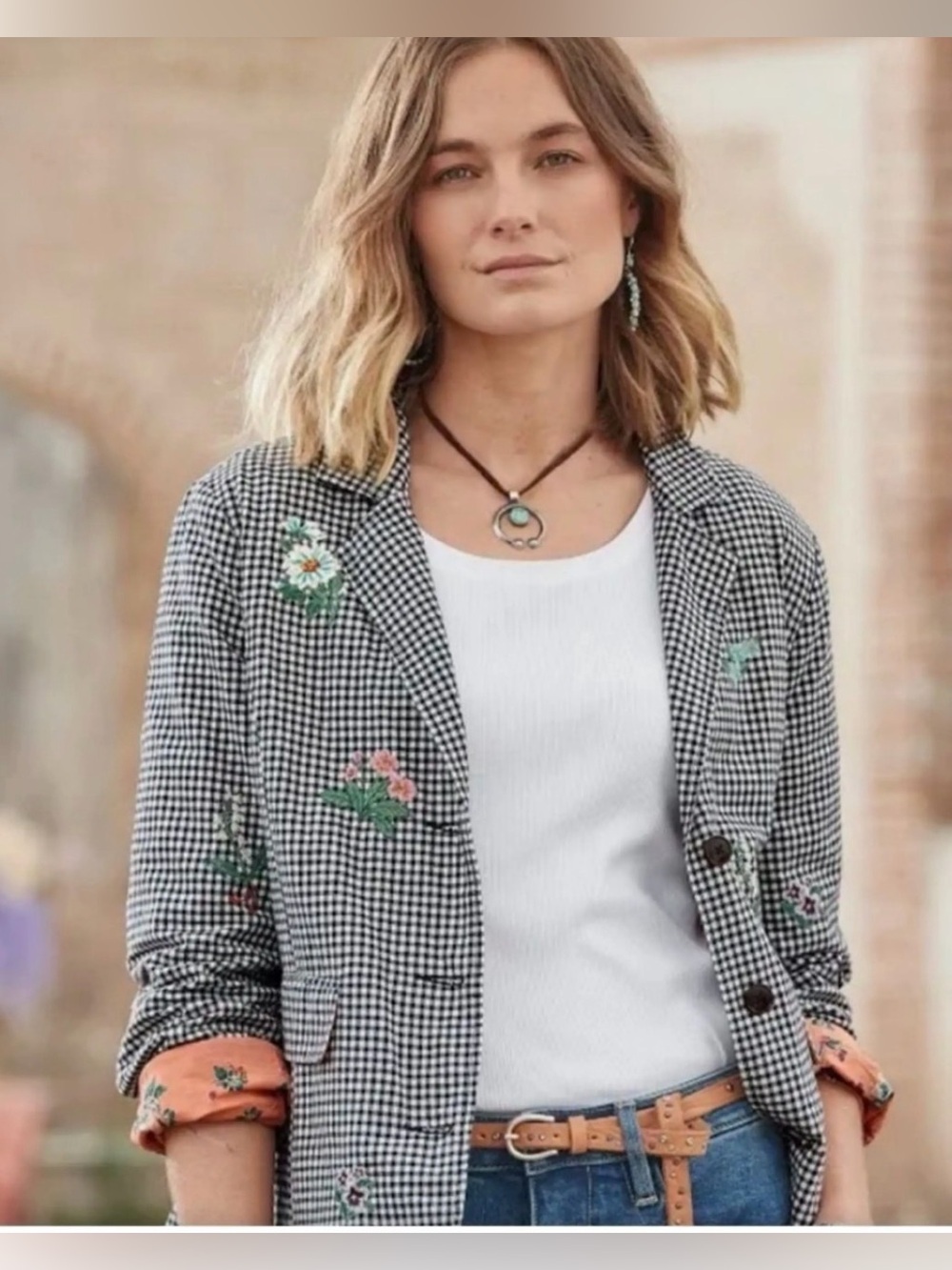 Sundance Black & White Checkered Embroidered Blazer Small